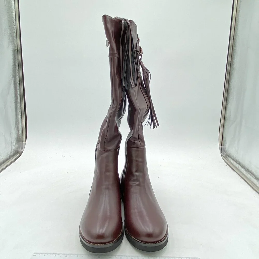 Brown Women Closed Toe Decorative Buckle Tassel Low Chunky Heel Knee High Boots